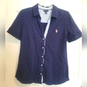 US Polo Assn Woman's Navy Blue Polo Shirt with White Dots L